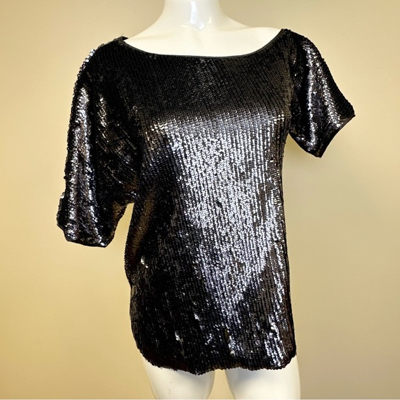 Amanda Uprichard Black Silver Sequined One-Shoulder Top Asymmetric Size Small - Picture 3 of 9